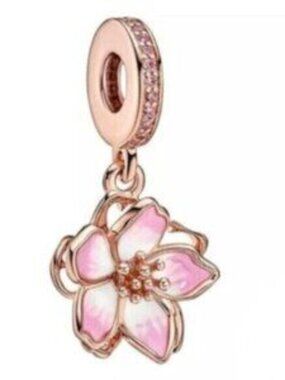 Rose Gold Plated Cherry Blossom Dangle Charm Fits Pandora Charm Bracelets